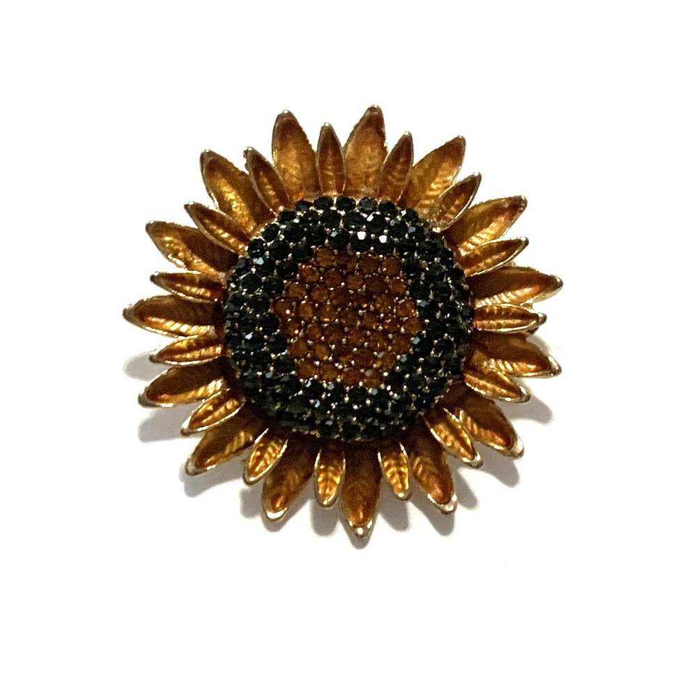 Y2K Sunflower Brooch Amber Enamel Black Rhinestone Gold Tone Flower Pin